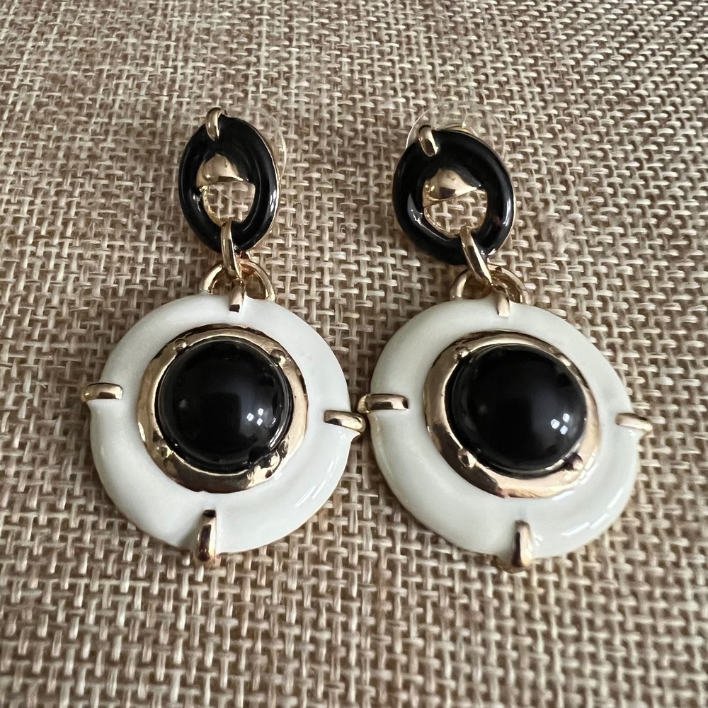 Joan Rivers Black White Enamel Drop Earrings Gold Tone 1.75" Mod Aesthetic